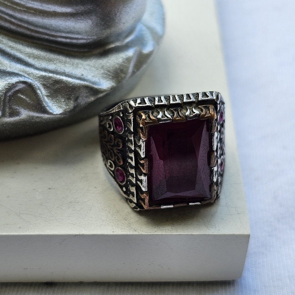 Vintage Sterling Silver Brass Red Stone Turkish Sultana Ring Size 8.5